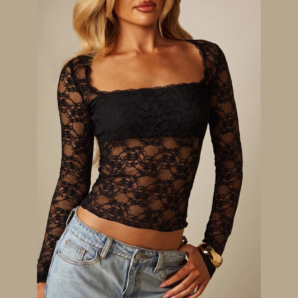 Black Sheer Floral Lace Square Neck Long Sleeve Crop Top